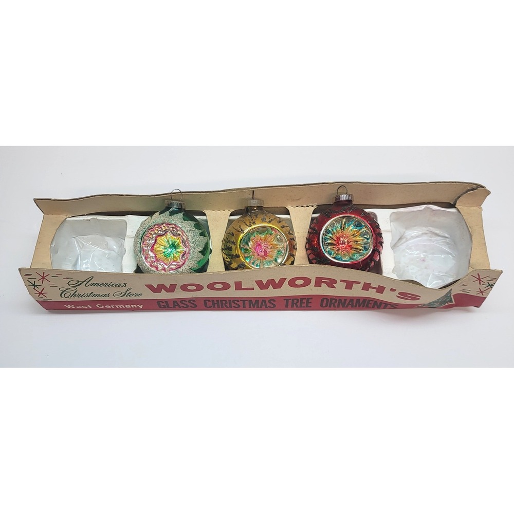 Vtg Set of 3 Woolworths Glass Christmas Ornaments West Germany Indent Reflector